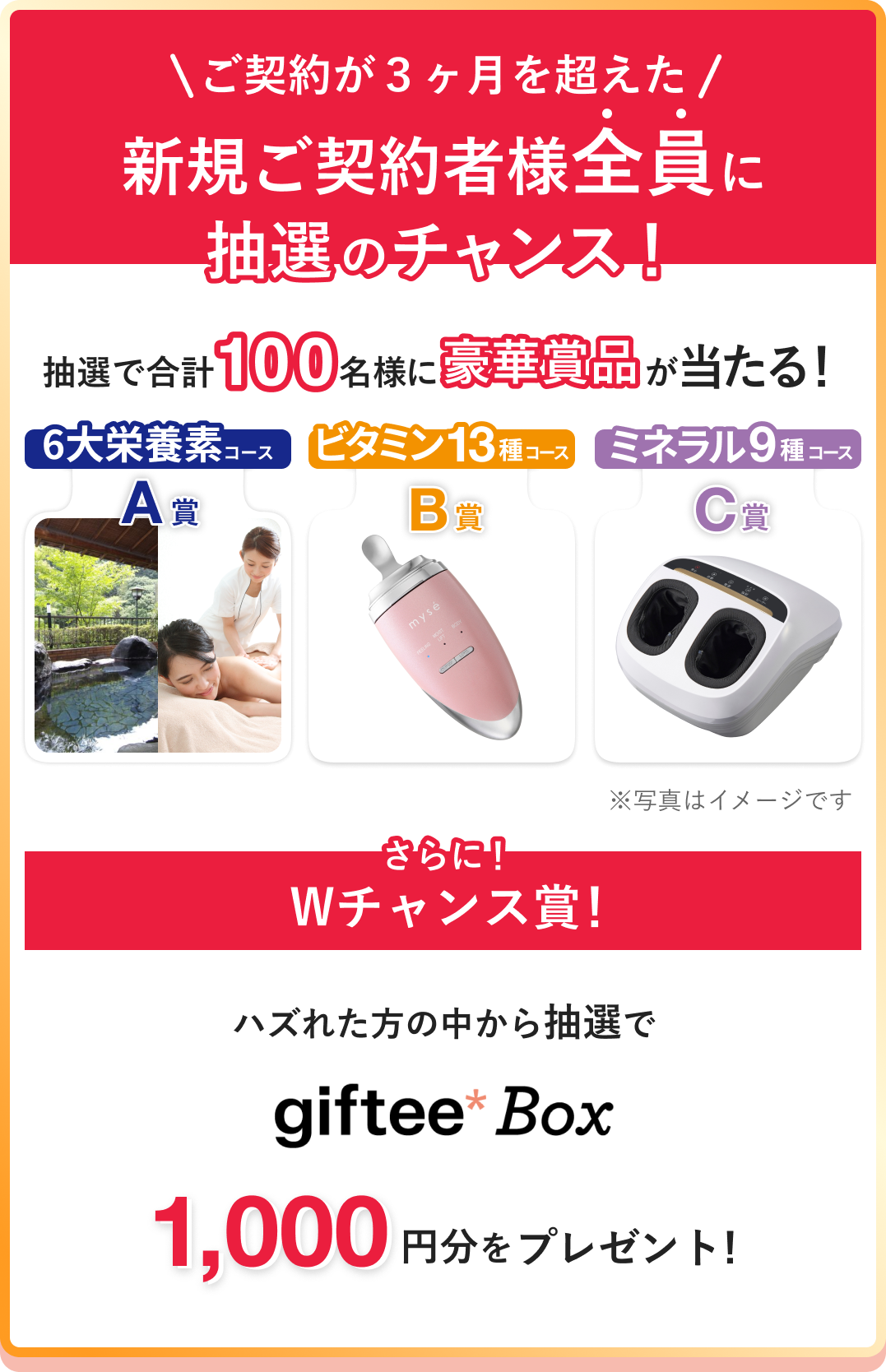 新規ご契約者様限定対象商品を週5本以上3ヶ月ご継続だけで豪華賞品が当たる！